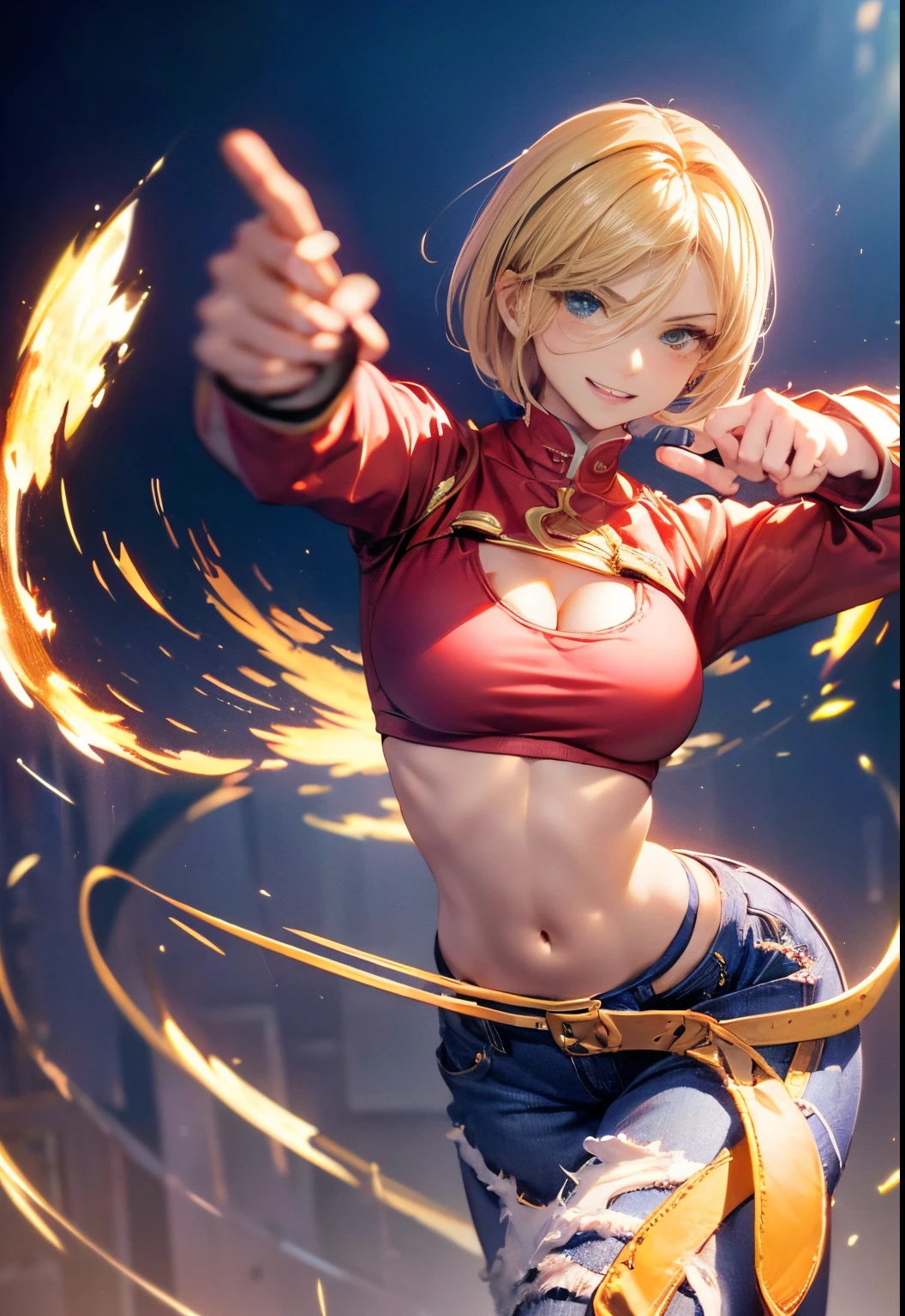 Upper body, 1girl in, (Angelum:1.4), Large breasts, Panties, Midriff, facing side, Looking at Viewer, (the presence of large cleavage in the chest), Cropped jacket、Grinning、A detailed eye、A detailed face、motion-blur、((tremble for、kick、Highkick、while leaning your body、capoeira kick)),