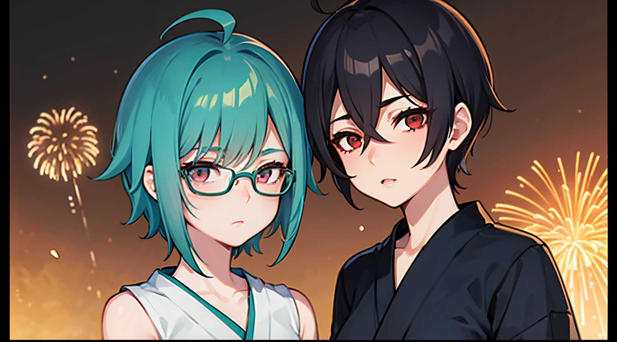 Anime characters with blue hair and glasses standing next to each other -  SeaArt AI