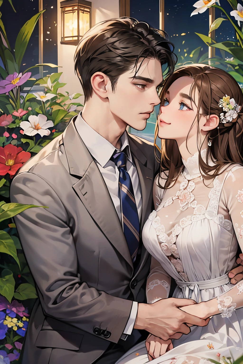 Anime couple in a garden with flowers and a window - SeaArt AI