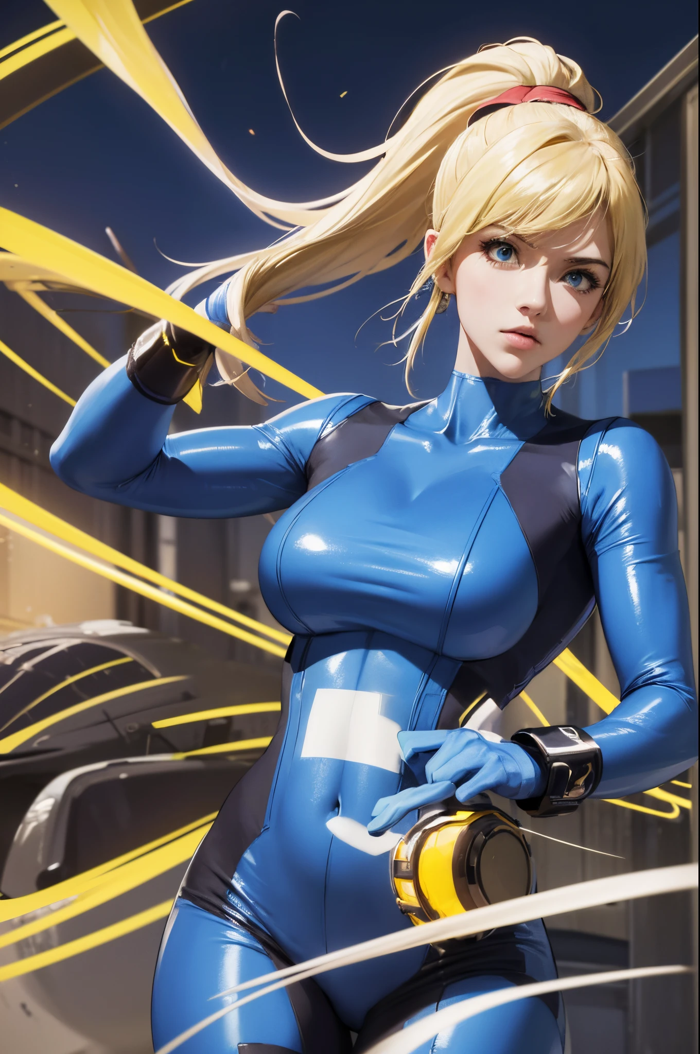 (masterpiece), best quality, expressive eyes, perfect face, highres, (8k), (perfect face), (ultra details), 1 girl, solo, samus aran, ponytail, hair tie, blue gloves, blue bodysuit, body-tight suit, touching her , spacecraft background, standing, upper body,  portrait, looking at the viewer,