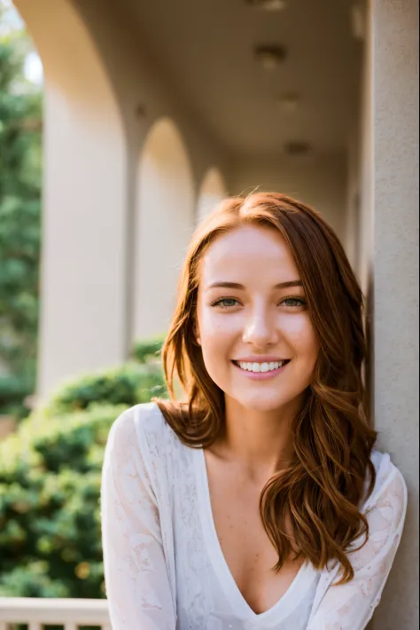 Photo for Instagram blog post with perfect young woman with smile playfully, face to camera. slim, red hair, pale, freckles, Balcony. Summer. morning, 8K. RAW image. Captured with a Canon EOS 5D Mark IV. High quality. High resolution image. Hyper realistic...