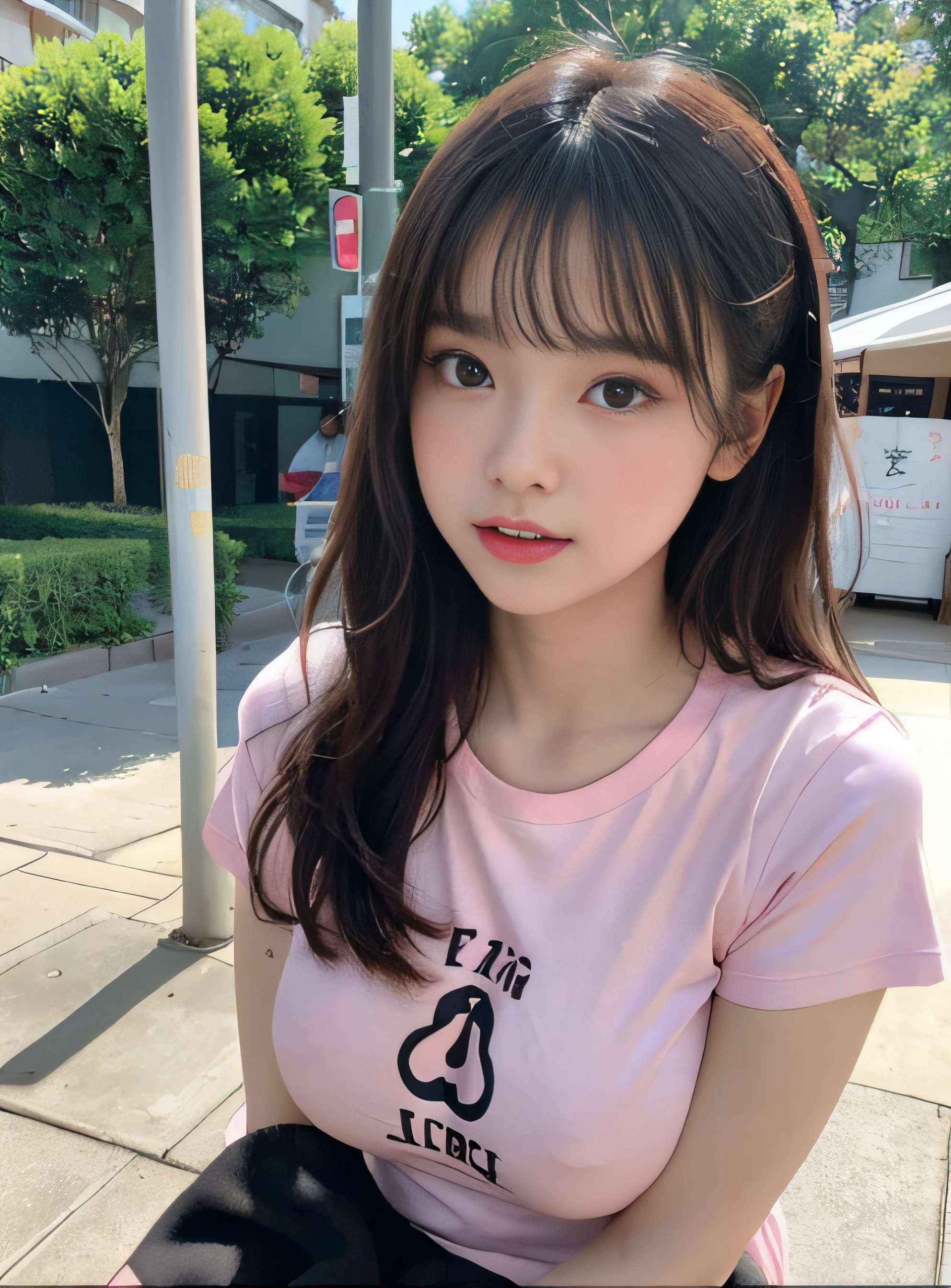 A close up of a woman sitting on a bench wearing a pink shirt - SeaArt AI