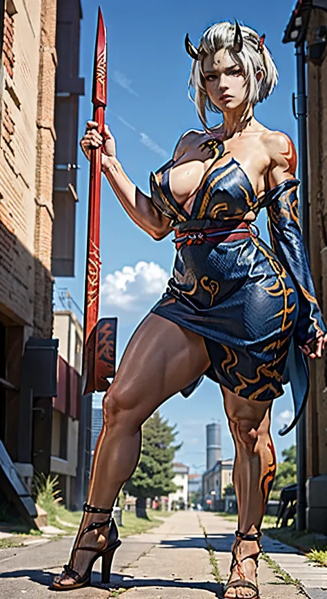 Masterpiece, Hyperrealistic, HD, highlydetailed fullbodyshot of a beautiful oni female with white hair, oni_horn, reddish skin, holding a huge massive iron spiked mace  over shoulder , perfect body shape curvy, thick and muscular, perfect face features wit...