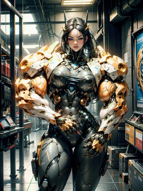 Cinematic, hyper-detailed, and insanely detailed, this artwork captures the essence of megan fox with breathtaking beauty. The color grading is beautifully done, enhancing the overall cinematic feel. Unreal Engine brings her anatomic cybernetic muscle suit...