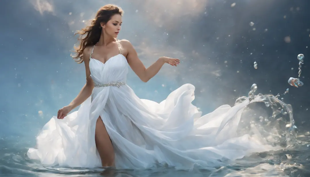 mulher bonita, dynamic pose, Movimento suave, (water, white dress with water pearls, stream of water, controlling water:1.2), so...