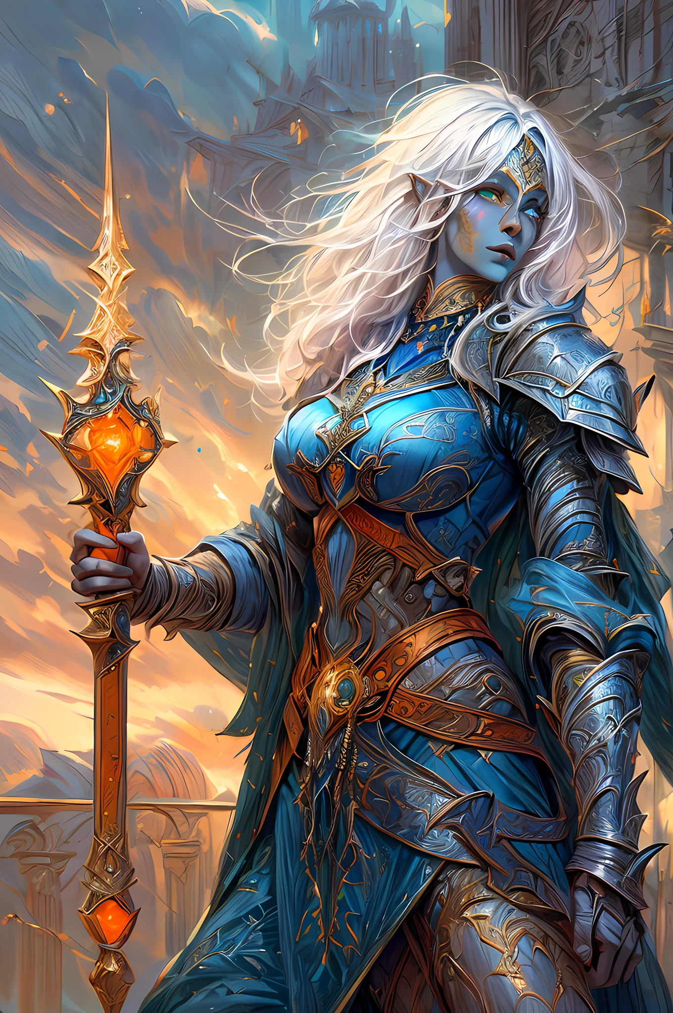 fantasy art, dnd art, RPG art, drkfntasy wide shot, (masterpiece:1.3), full body intense details, highly detailed, photorealistic, best quality, highres, portrait a vedalken female (fantasy art, Masterpiece, best quality: 1.3) (blue color skin: 1.5) 1person blue_skin, intense details facial detail fantasy art, Masterpiece, best quality)cleric, (blue colored skin: 1.3) 1person blue_skin, (white hair: 1.3), long hair, intense green eye, fantasy art, Masterpiece, best quality) armed a fiery sword red fire, wearing heavy (white: 1.3) half plate mail armor LnF wearing high heeled laced boots, wearing an(orange :1.3) cloak, wearing glowing holy symbol GlowingRunes_yellow,  within fantasy temple background and sun and clouds, reflection light, high details, best quality, 16k, [ultra detailed], masterpiece, best quality, (extremely detailed), dynamic angle, ultra wide shot, photorealistic, RAW, fantasy art, dnd art, fantasy art, realistic art