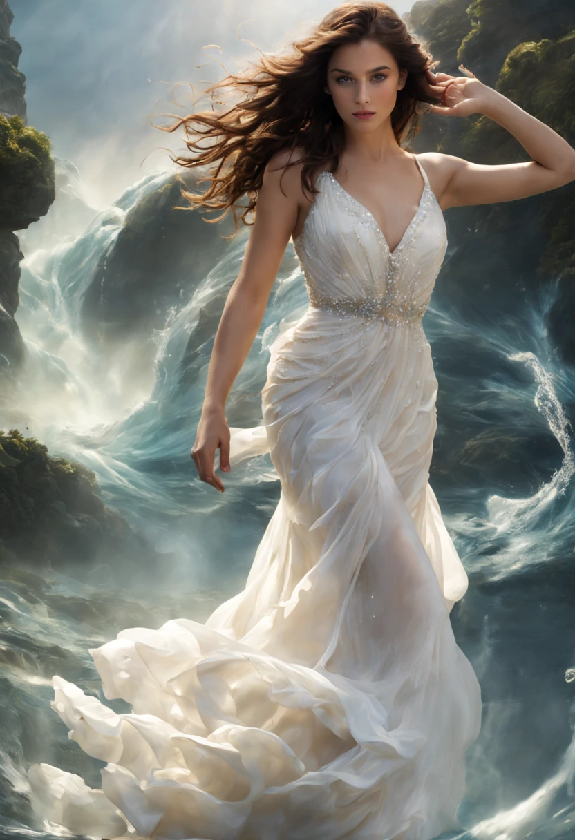 beautfull woman, dynamic pose, Smooth Movement, (water, white dress with water pearls, stream of water, controlling water:1.2), subtle smile, fully body, thin abs ,face ultra-detailed, detailedeyes, shining skin, Glossy Lips , brow, bushy eyebrows, detailed backgrounds, shades of blue, ethereal atmosphere, , (offcial art, Unity 8k papel de parede, ultra detaild, Beautiful and Aesthetic, master part ,best qualityer:1.3)