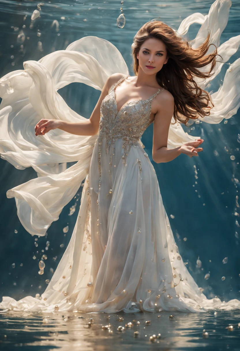 une jolie femme, pose dynamique, Mouvement fluide, (eau, white dress with eau pearls, stream of eau, controlling eau:1.2), sourire subtil, tout le corps, abdos fins ,Visage ultra détaillé, Yeux détaillés, peau brillante, lèvres brillantes , tête, sourcils épais, Contexte détaillé, nuances de bleu, ambiance éthérée, , (art officiel, Fond d&#39;écran Unité 8k, Ultra détaillé, beau et esthétique, partie maîtresse ,meilleure qualité:1.3)