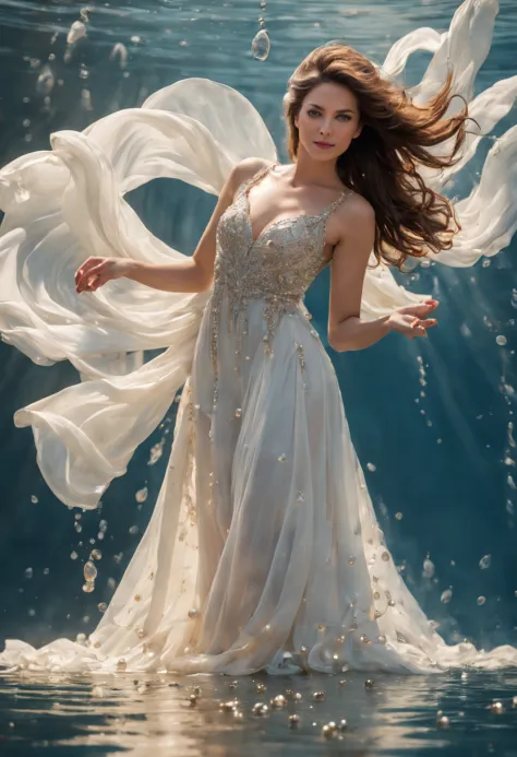 mulher bonita, dynamic pose, Movimento suave, (water, white dress with water pearls, stream of water, controlling water:1.2), so...