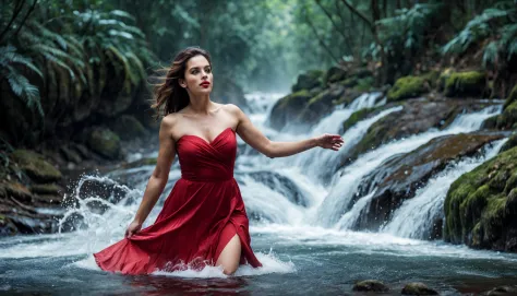 mulher bonita, dynamic pose, Movimento suave, (water, water red dress, stream of water, controlling water:1.2), sorriso sutil, c...