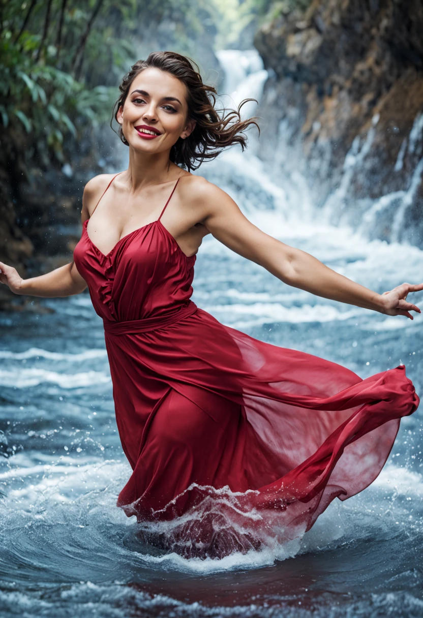 beautfull woman, dynamic pose, Smooth Movement, (water, water red dress, stream of water, controlling water:1.2), subtle smile, fully body, thin abs ,face ultra-detailed, detailedeyes, shining skin, Glossy Lips , brow, bushy eyebrows, detailed backgrounds, shades of blue, ethereal atmosphere, , (offcial art, Unity 8k papel de parede, ultra detaild, Beautiful and Aesthetic, master part ,best qualityer:1.3)