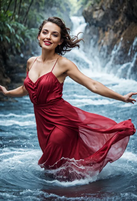 mulher bonita, dynamic pose, Movimento suave, (water, water red dress, stream of water, controlling water:1.2), sorriso sutil, c...