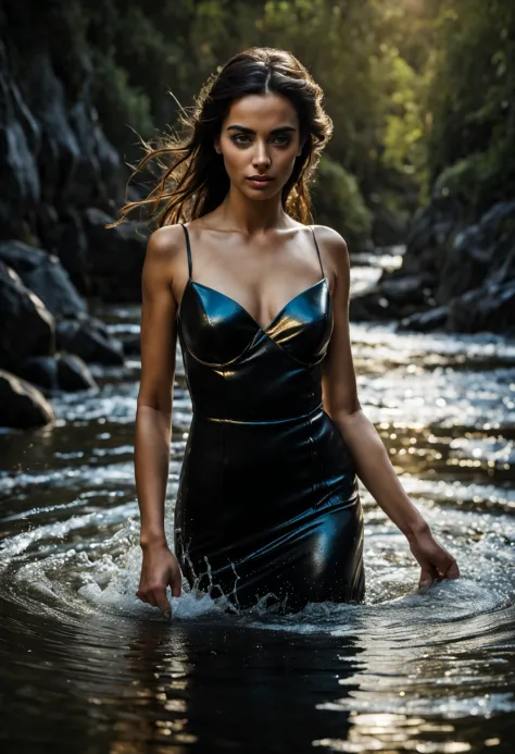 mulher bonita, dynamic pose, Movimento suave, (water, black dress with gold aqua, stream of water, controlling water:1.2), sorri...