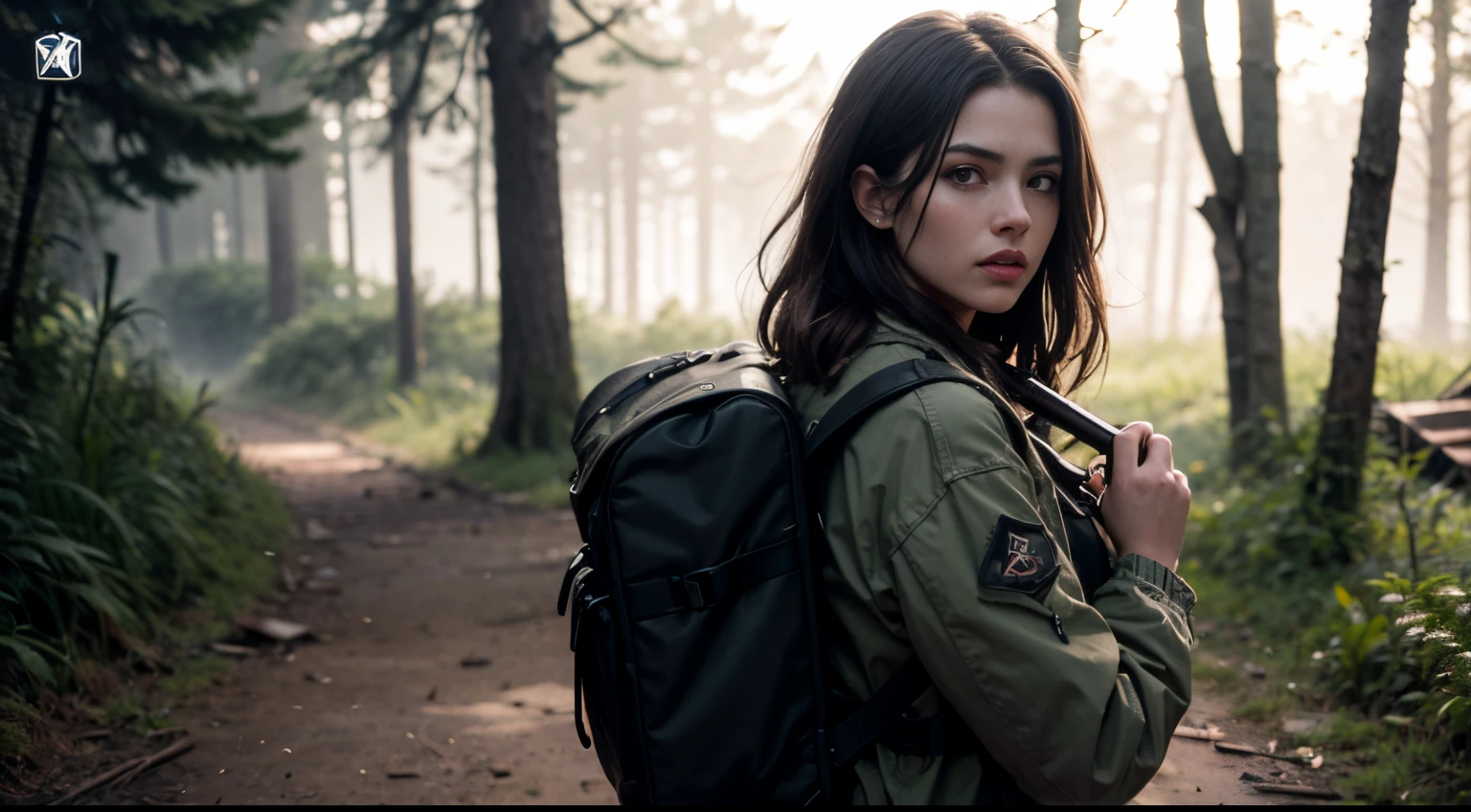 1 Mulher 25 anos, cabelo castanho longo amarrado, olhos azuis, com mochila cargueira cor verde, moletom marrom, With rifle in hand, Forest destroyed, sangrando , 1 homen  39 anos,  cabelo preto, de colete, Hyper realistic cinematic lighting super details skin texture , survival, destruction, 8k, Ultra HD | | | | |, (Post-apoc, Post-apoc_character)