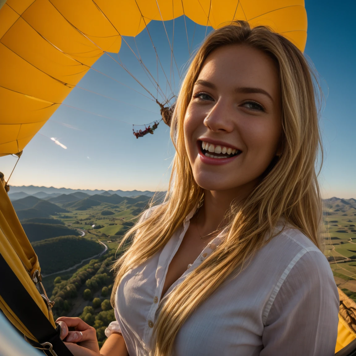 Best quality, 8k, 32k, Masterpiece, UHD:1.2).  on a picturesque hot air balloon ride over a dreamy landscape in masterful 8K detail, a cute blond-haired woman beams with joy as the UHD captures every moment of her blissful adventure.