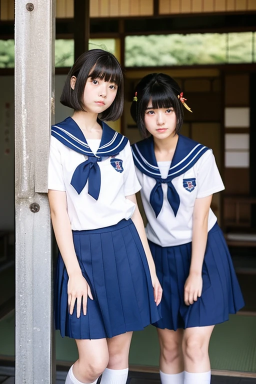 Inside a broken concrete building、((Two beautiful Japan girls))、Same ...