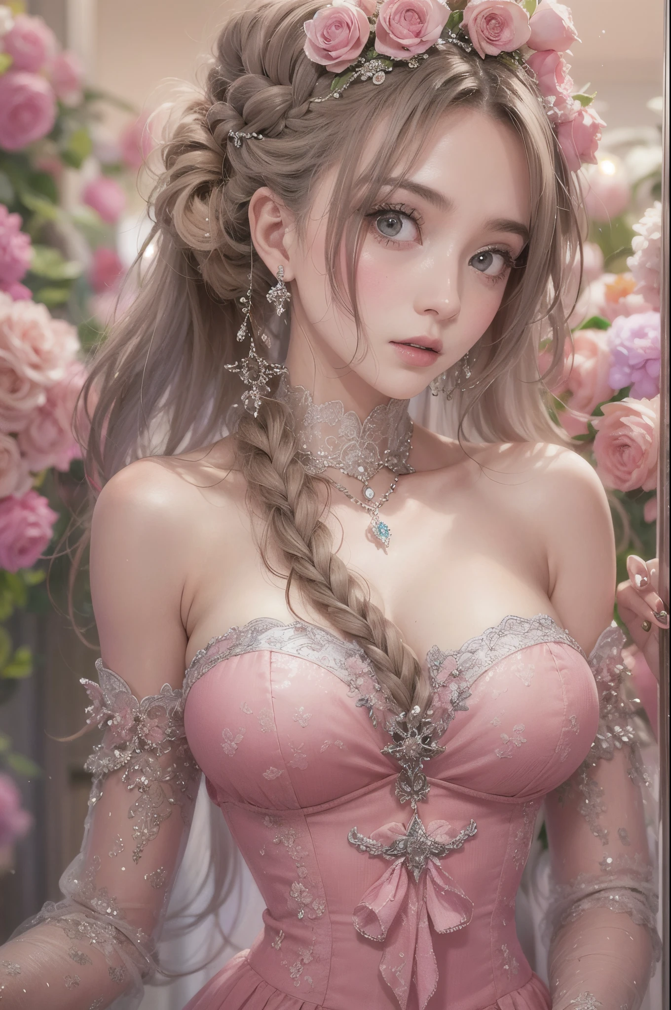 femele, Serious, Elegant, Pink dress, nobles, Element of silver, Long nails, Bare shoulders, hairstyle on, Hair UP, Braids and ponytails, Messy, proud, Absurde, detailed dress, royalty, celebration, Hall decorated with flowers, Cowboy Shot, Portrait, (Best Quality), (masutepiece), (Highly detailed), (4K), Big breasts that are about to burst, Deep cleavage