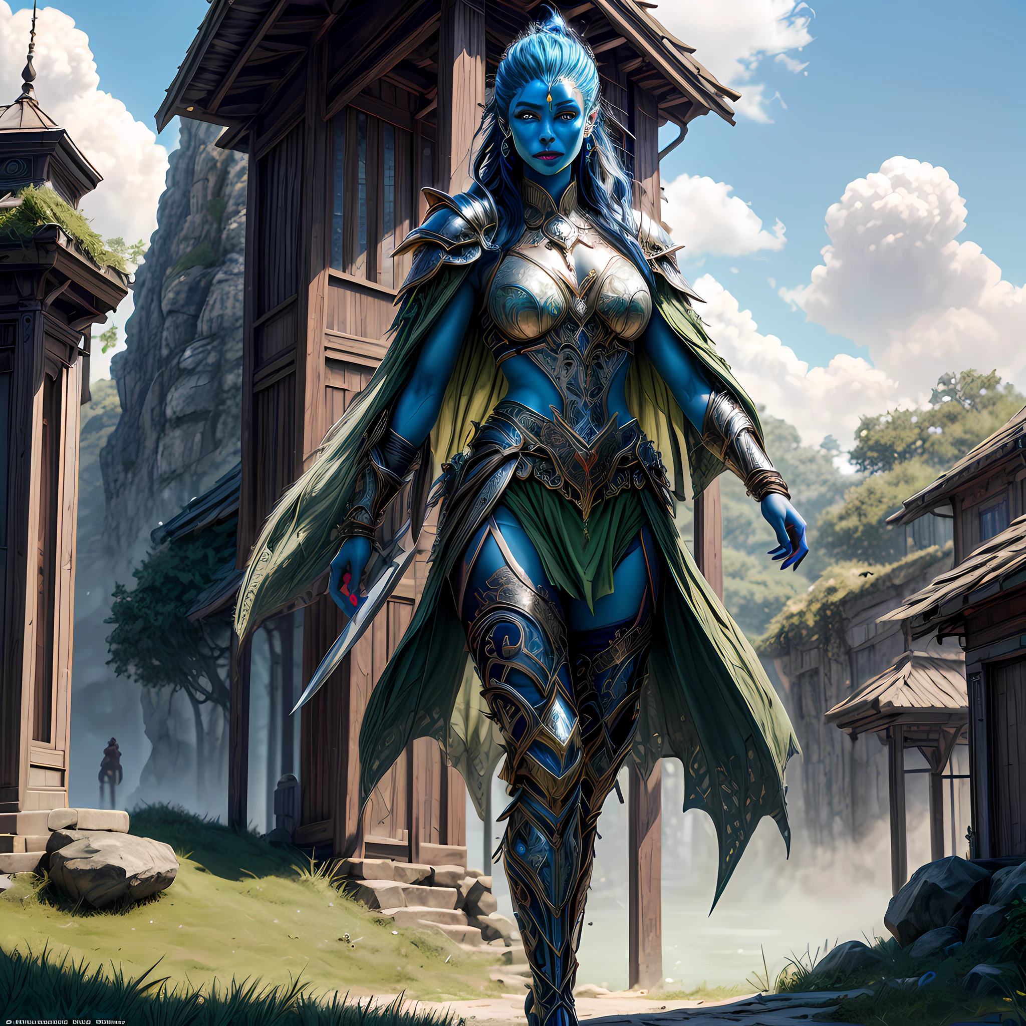 concept art, wide shot, (masterpiece:1.3), full body intense details, highly detailed, photorealistic, best quality, highres, portrait of a  exotic race female (fantasy art, Masterpiece, best quality) (blue skin: 1.3), intense details facial detail fantasy art, Masterpiece, best quality)cleric,  (blue skin: 1.3) 1person blue_skin, white hair, long hair, wavy hair, intense (green eye: 1.3), fantasy art, Masterpiece, best quality) armed a fiery sword red fire, wearing heavy white half plate mail armor LnF wearing high heeled laced boots, wearing a blue cloak within fantasy temple near river background and sun and clouds, reflection light, high details, best quality, 16k, [ultra detailed], masterpiece, best quality, (extremely detailed), dynamic angle, ultra wide shot, photorealistic, RAW, fantasy art, dnd art, fantasy art, realistic art,