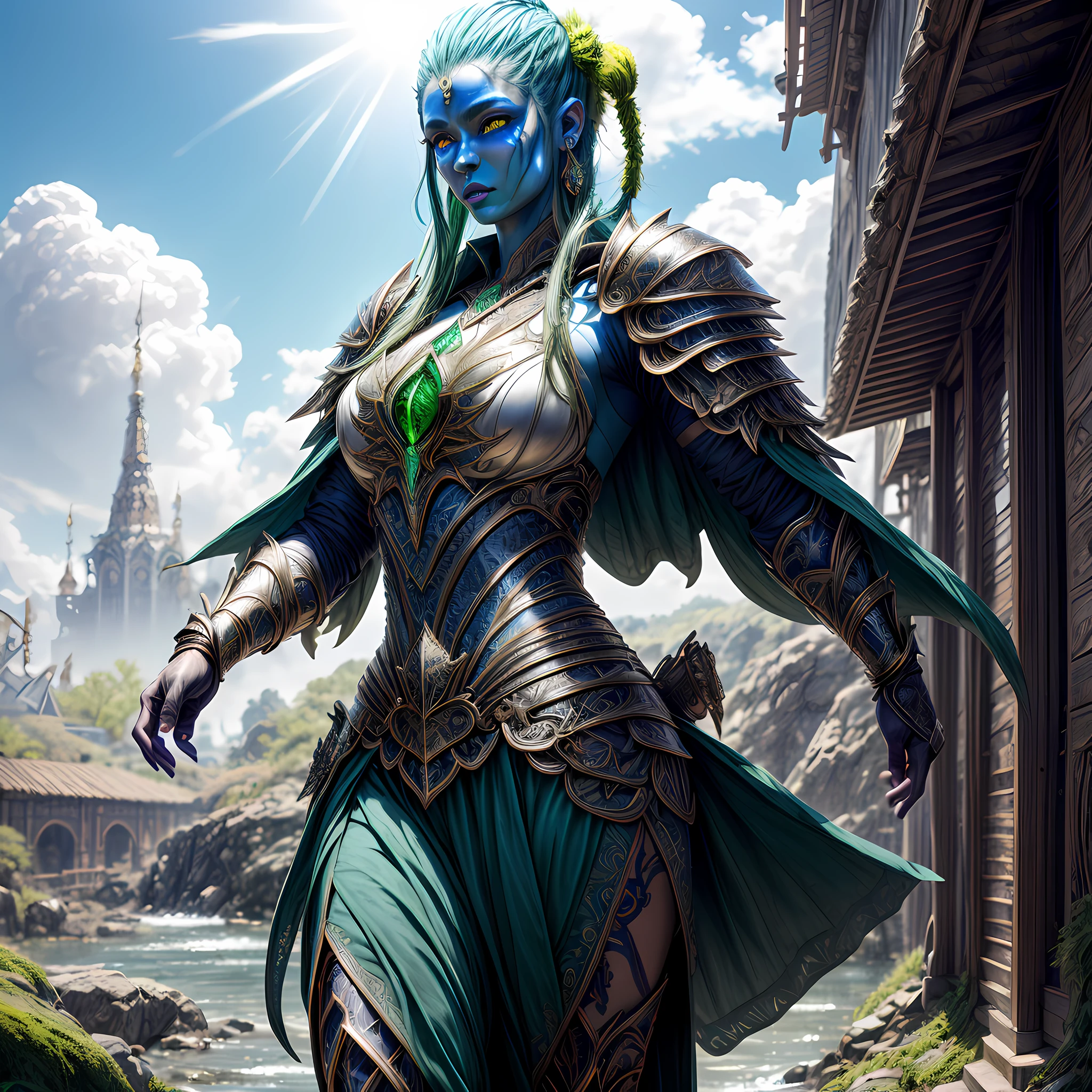 concept art, wide shot, (masterpiece:1.3), full body intense details, highly detailed, photorealistic, best quality, highres, portrait of a  exotic race female (fantasy art, Masterpiece, best quality) (blue skin: 1.3), intense details facial detail fantasy art, Masterpiece, best quality)cleric,  (blue skin: 1.3) 1person blue_skin, white hair, long hair, wavy hair, intense (green eye: 1.3), fantasy art, Masterpiece, best quality) armed a fiery sword red fire, wearing heavy white half plate mail armor LnF wearing high heeled laced boots, wearing a blue cloak within fantasy temple near river background and sun and clouds, reflection light, high details, best quality, 16k, [ultra detailed], masterpiece, best quality, (extremely detailed), dynamic angle, ultra wide shot, photorealistic, RAW, fantasy art, dnd art, fantasy art, realistic art,