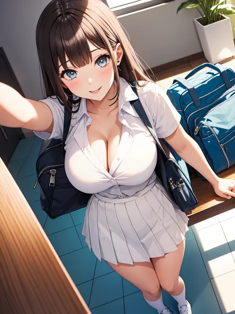 POV, from above, full body,1girl, parted lips, blush, makeup, light smile, school uniform, classroom, school bag, light rays, glow, thighs, collarbone, narrow waist, (masterpiece), wallpaper,