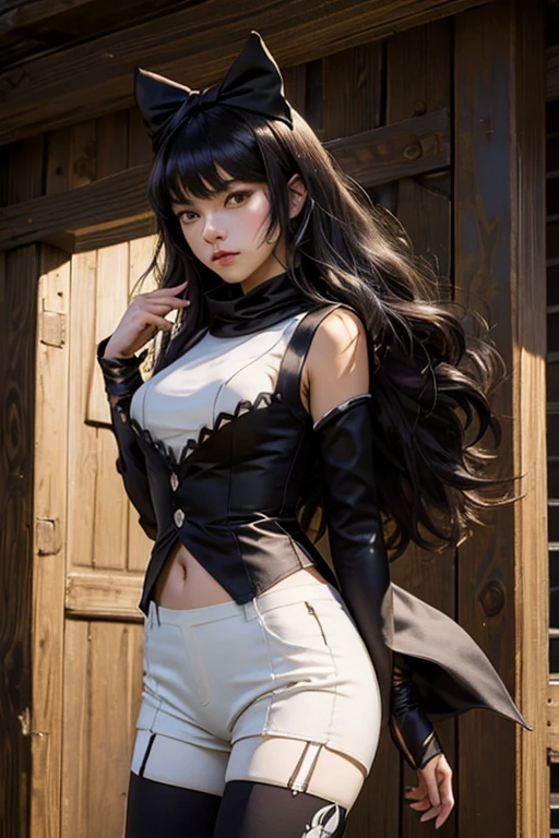 (masterpiece, best quality:1.2), cowboy shot, solo, 1girl, blake belladonna, expressionless, closed mouth, looking at viewer, black hair bow, white shirt, detached sleeve, pantyhose, legwear under white shorts