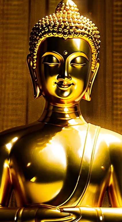 Un Bouddha doré et brillant、Souriant avec une expression douce。Derrière le Grand Bouddha se trouve une salle dorée.。La lumière dorée du Grand Bouddha reflète、Dégage un éclat élégant。Dans cette image de style anime、La statue représente le Grand Bouddha comme une figure douce mais puissante.。
