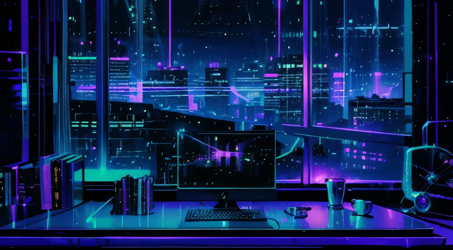 ((mesa)), (ultra detallado), (detalles intrincados), (ilustraciones CGI de alta resolución 8k), Pequeño ciberespacio vaporwave retro futurista y realista de noche、 En una de las paredes、Es necesario instalar ventanas grandes porque hay mucha gente entrando y saliendo......., Vistoso, detalles (ciberpunk), Onda de sintetizador, paisaje urbano de neón. La ciudad debe ser colorida y de estilo futurista., Luz de neón, señales, Y、edificios de varios tamaños. El paisaje urbano debe ser extremadamente detallado y con profundidad de campo.. Esta ciudad tiene interés visual en muchos detalles.. Crea profundidad usando la atmósfera y la iluminación ambiental.、Evoca la atmósfera de una agitada ciudad futurista fuera de la ventana.. Preste mucha atención a detalles como intrincados, Ojos de alquiler y detalles de dormitorio de los años 90. camera: Toma panorámica que muestra parte de la habitación y las ventanas.. La ventana debe ser el punto focal de la imagen.. El paisaje urbano debe llenar la ventana........ Encendiendo: Utilizando iluminación atmosférica e iluminación volumétrica、Resaltar los detalles del paisaje urbano.. La habitación debe estar iluminada por las luces de neón del paisaje urbano..escritorio de juego、Silla de juego、computadora para juegos、Monitor de juego en el lado izquierdo