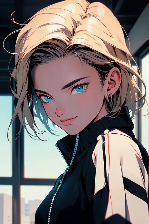 masterpiece, best quality, ultra-detailed, absurdres, Potrait of beautiful Android18DB, solo, earrings, jewelry, looking_at_view...