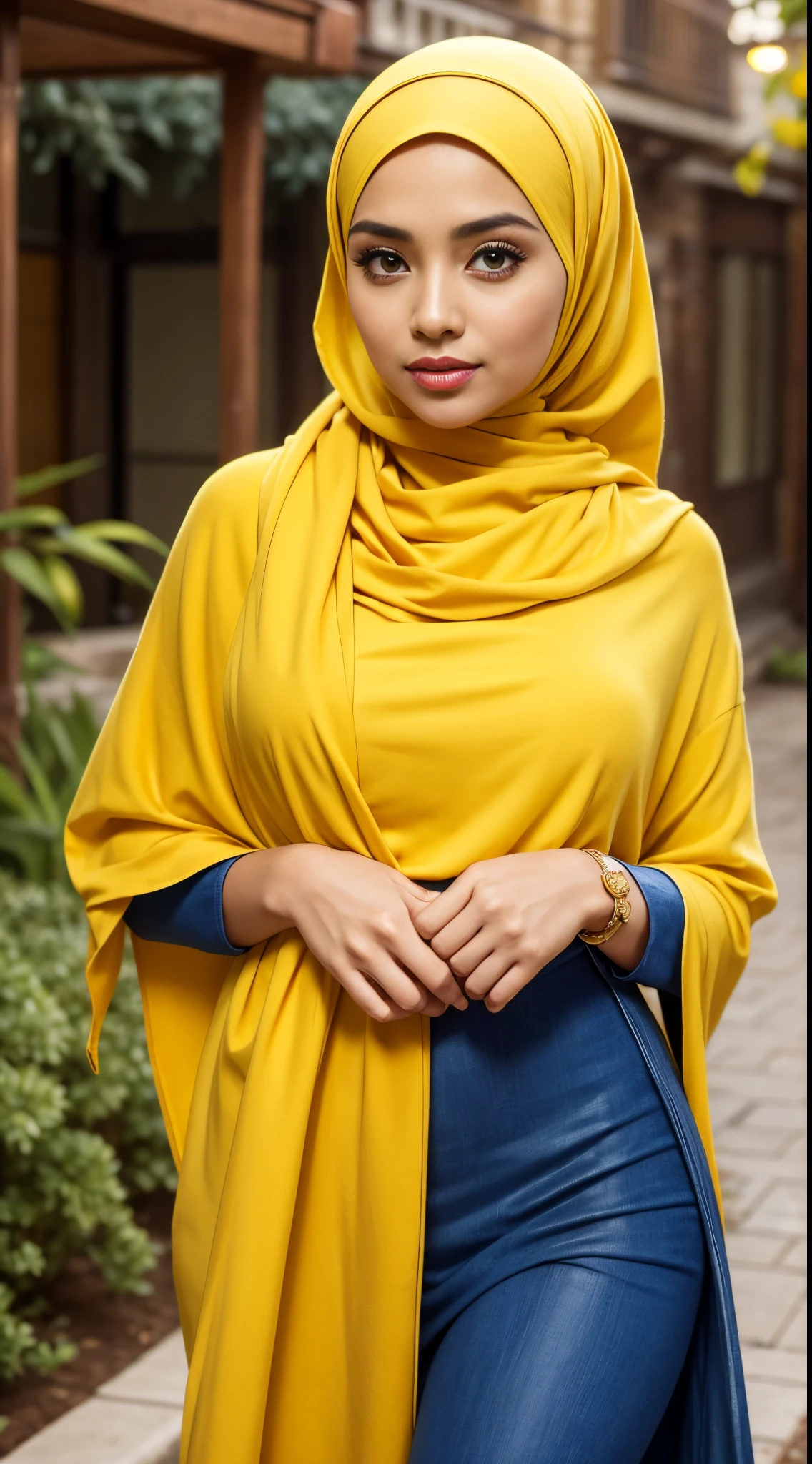 RAW, Best quality, high resolution, masterpiece: 1.3), beautiful Malay woman in hijab,Masterpiece, perfect slim fit body, Huge breast,big gorgeous eyes, Soft smile,a close up of a woman in a yellow dress and a blue scarf, jacked yellow, wearing yellow attire, wearing beautiful clothes, beautiful design, hijab, in crimson yellow, very beautiful enga style, beautiful masterpiece, fine details. Yellow, wearing gorgeous clothing, dominating yellow and blue color, crimson themed , (Delicate turtleneck) , necklace, shairband, afternoon walk, City garden, Excellent lighting, Bright colors, Clean lines