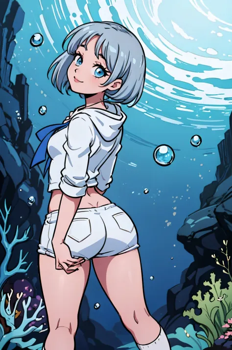 ((top-quality)), ((​masterpiece)), ((ultra-detailliert)), (Extremely delicate and beautiful), girl with, report, cold attitude,((White hoodie)),She is very(relax)with  the(Settled down)Looks,depth of fields,Evil smile,Bubble, under the water, Air bubble,Un...