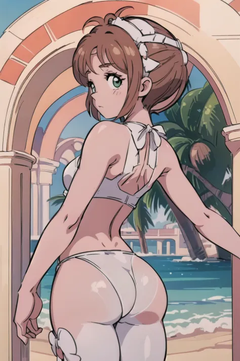 (masterpiece, 1girl, highres, kinomoto_sakura, green eyes, wearing (two-piece white swimsuit ), good mood, very detailed, full of detail, on a beach, cinematic lighting), (arched back, Appearance from behind, round ass:1.7)