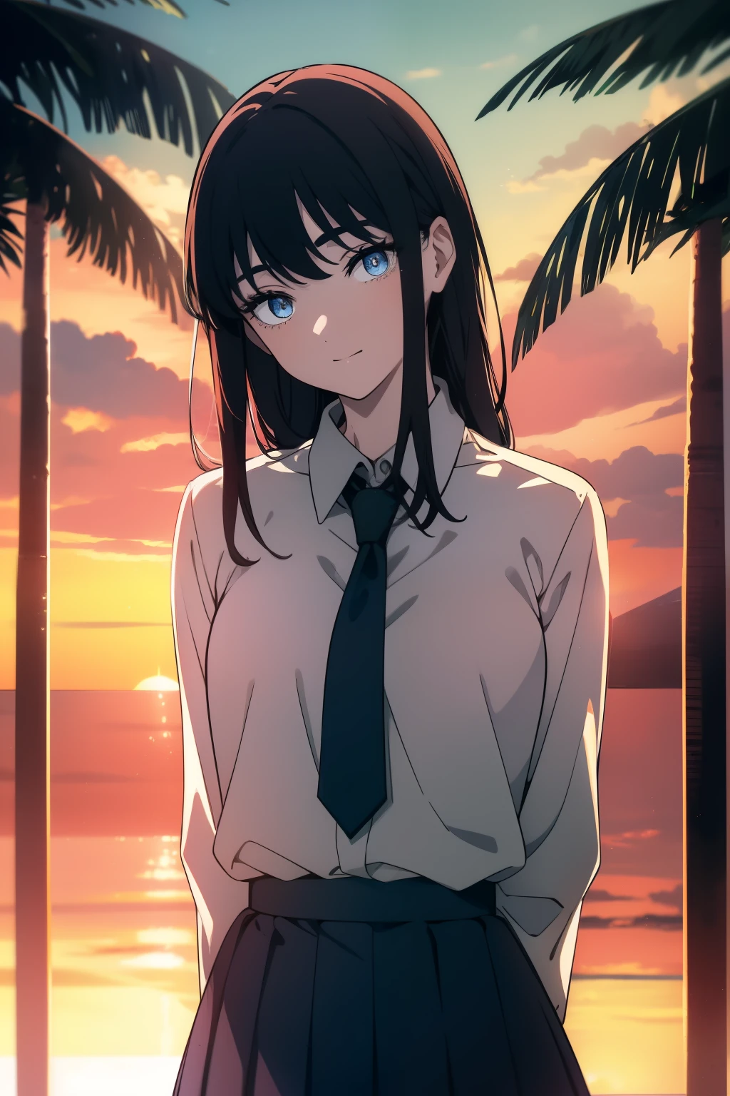 (Obra maestra, La mejor calidad, ultrahigh resolution), 1girl, standing, school uniform, white office shirt, black pleated skirt, ((light brown, light brown hair:0.7)), long hair cut, pale skin, ((blue eyes)), glowing_eyes, neon eyes, (ultra detailed eyes:0.7, beautiful and detailed face, detailed eyes:0.9), ((centered)), smile, ((wide shot)), facing viewer, eye level, (((bright background, retro sunset, palm tree))), flat chested, looking at viewer, ((half closed eyes)), ((perfect hands)), (((head:0.9, arms, hips, elbows, in view))), ((hands behind back)), empty eyes, beautiful lighting, outside, outdoors, background, defined subject, 25 years old, (head tilt)