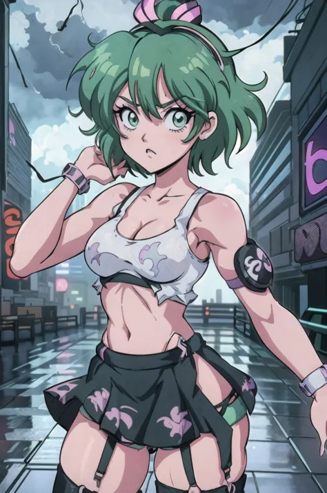 Beautiful 1girl, cute girl, solo, (green curly-hair, very curly hair, colored inner hair, short hair1.25), (green_eyes:1.3), (small breasts: 1.4), big butt, big eyes, lustrous bright skin: 1.5), thin body, embarrassed, zettai ryouiki, revealing clothing, (...