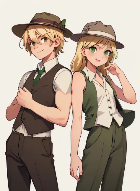 (highest quality, amazing details: 1.25), ((male with brown eyes)), (2people:1.5), (female with green eyes), smiling, blonde hair, two shades of blonde hair, casual wear, flat chest, fedora hat, (white tank top), very small breasts, (side-swept bang), (bla...