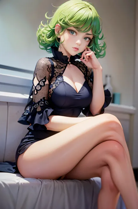 (Masterpiece, Best Quality:1.2), 独奏, 1girl, tatsumaki, unamused, closed mouth, looking a viewer, hand on our face, sitting, Short black short dress ,big thighs,crossing leg