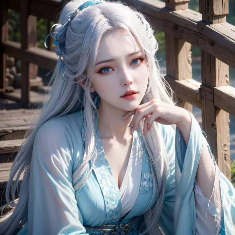 arafed woman with white hair and blue dress sitting on steps, palace ， a girl in hanfu, beautiful character painting, artwork in...