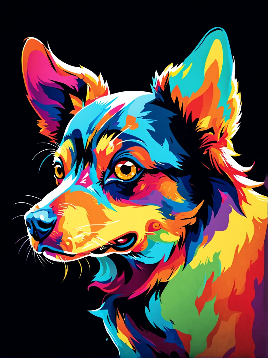 A striking digital artwork features a vibrant Puppy dog in a vector illustration style. The dog captivates with its colorful presence against a sleek black background. The artist skillfully chooses a suitable color palette to enhance the overall impact, resulting in a visually stunning phone wallpaper. The image showcases intricate details, including the dog's expressive eyes, glossy fur, and the play of light and shadows on its graceful form. This high-quality illustration exemplifies the arti