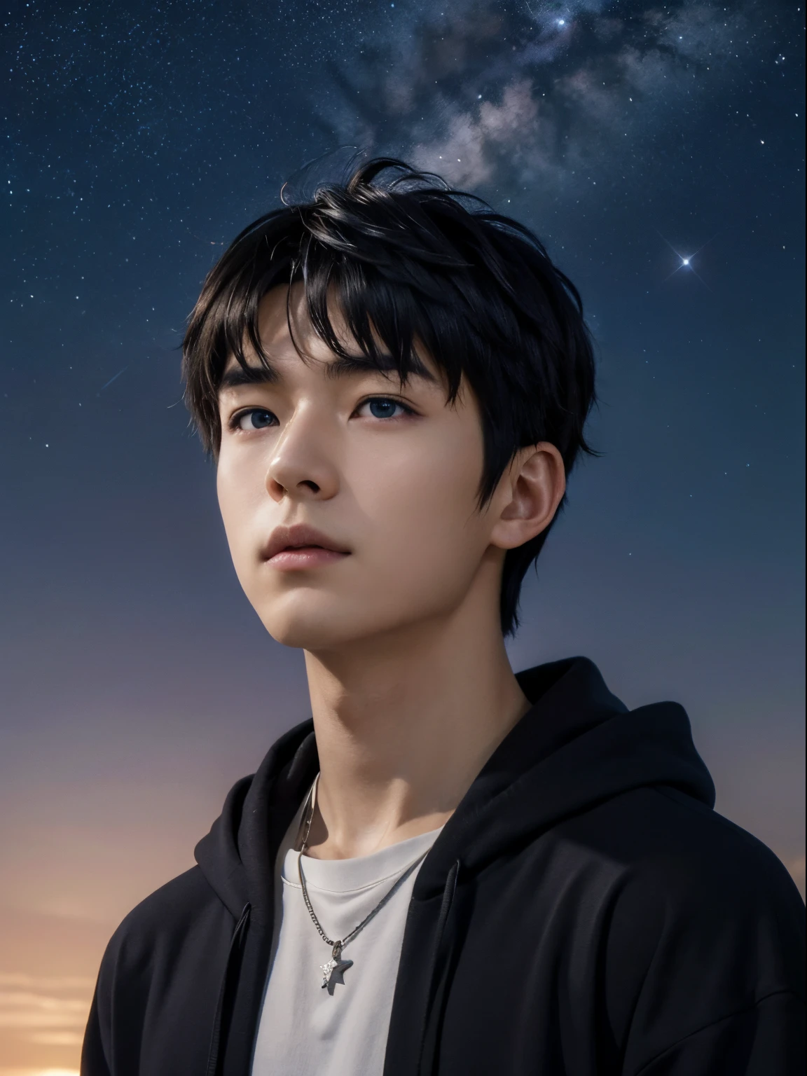 (photorealistic, masterpiece, 8K HD, good lighting quality, portrait, closing up on face, intricate details), a handsome young japanese boy, 15 years old, cute, wistful gaze, detailed face, detailed eyes, looking at the sky, wearing hoodie over shirt, necklace, blue eyes, (pale skin), slim build, black hair, smooth hair, hair bangs, relatively long hair, outdoors, twilight, stars, constellation, cosmical, dreamy world, surrealism, ethereal