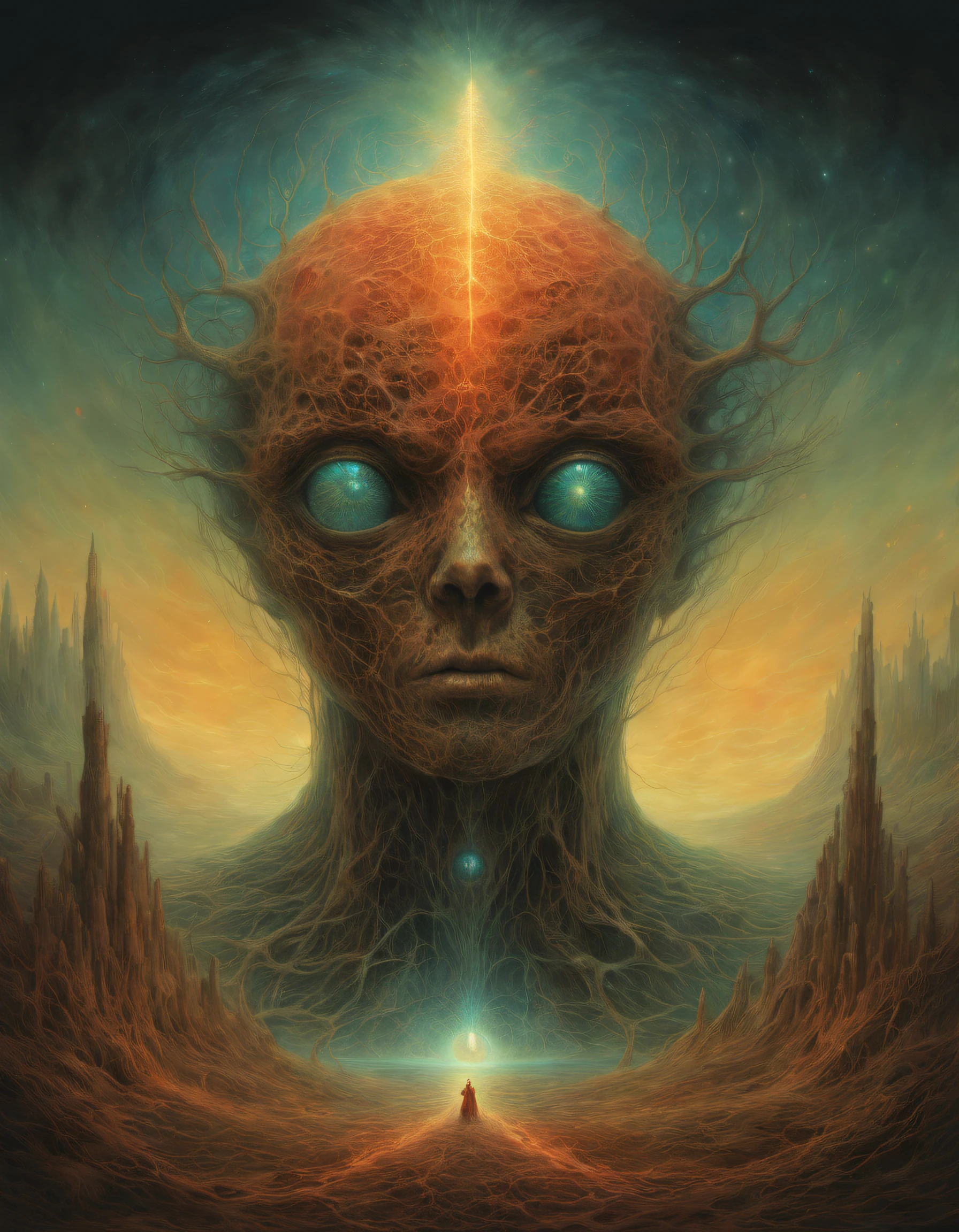 criaturas mitologicas, Por Zdzislaw Beksinski e Van Gogh, portada del álbum, Roma, surrealismo, Futuristic ,Satan, coral, Seco, abstracto, oscuro, rojo, infierno, paisaje, Pesadillas, miedo, Crueldad, angustia, calamidad, Sombras, monstruos, Universo Arthur Lewin, Ojos brillantes y claros, Biomecánica, Extrañamente, horrible, Pesadilla, colores muy brillantes, partículas de luz, Hay una luz brillante, Mshiv, Arte De Papel Tapiz, Fondo de pantalla ultra HD, Beksinski MacManus con alas doradas sí, Un laboratorio de curación alienígena Se destaca una plataforma extraterrestre vibratoria cuántica con ondas sinusoidales etéreas y códigos cibernéticos, emitiendo un brillo etéreo. El aura de un hombre dentro de la plataforma recibiendo energía por ser un cuerpo de luz etéreo., apenas un aura daquele humano , Rodeado de un aura de luz vibrante.