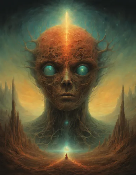 mythological creatures, por zdzislaw beksinski e van gogh, album cover art, roma, surrealismo, futuristic ,satan, coral, mago, a...