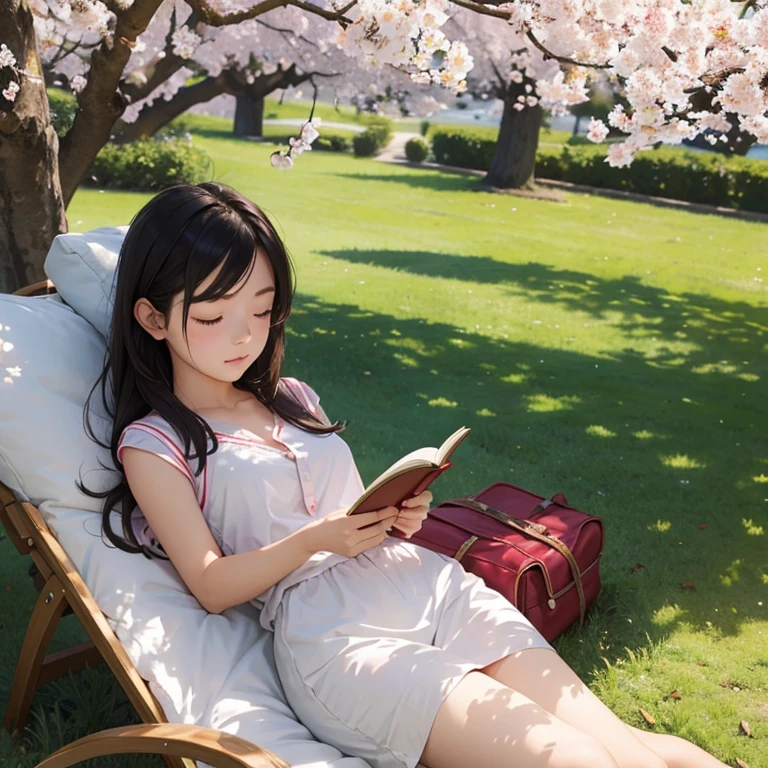 Eine Frau schläft friedlich unter einem Kirschbaum mit einem Buch in den Händen.