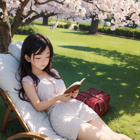 A female sleeping peacefully under a cherry tree with a book in her hands