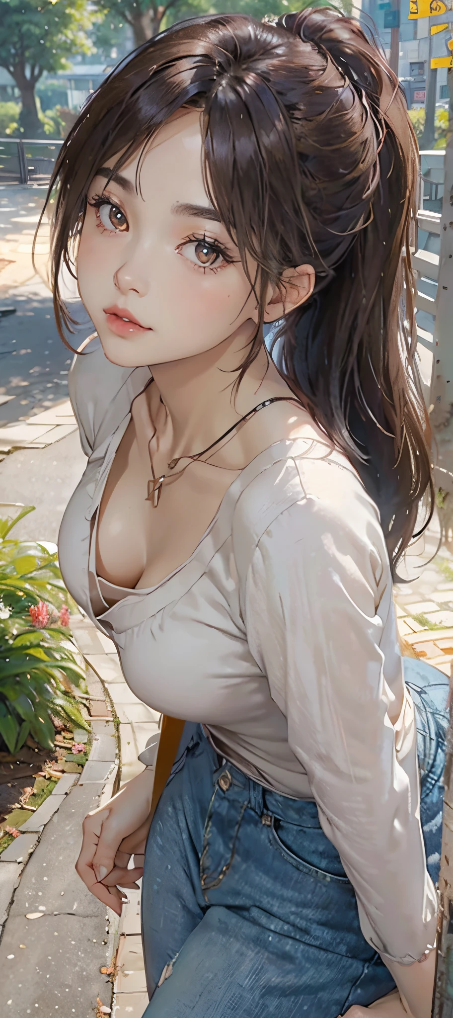 Anime girl with long hair and a white shirt posing on a sidewalk - SeaArt AI