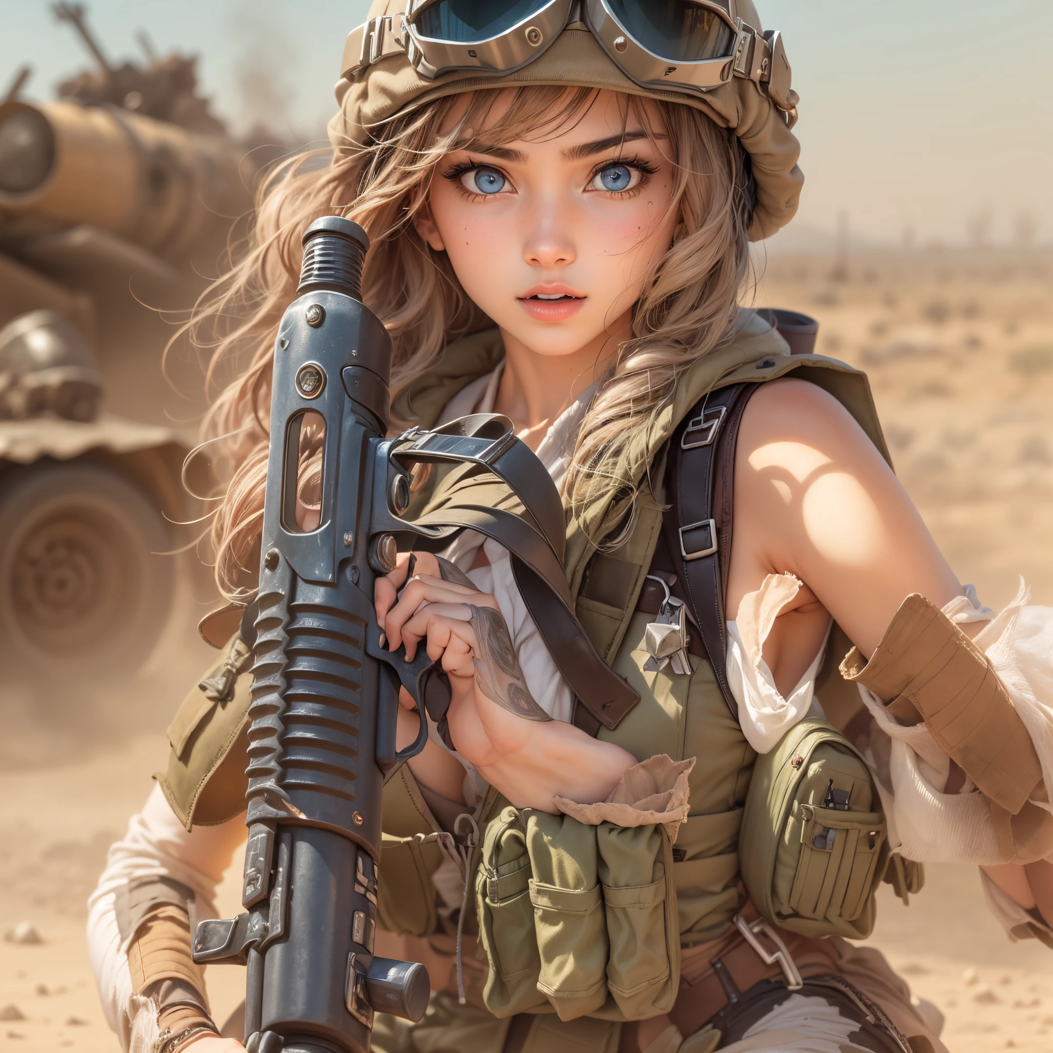 Generate an image of An 1 girl, blue eyes, ((high heel sandals with diamonds)), She is wearing a war helmet, she carries in her hands, a powerful machine gun ((PKM)), ((due to the heat of the desert she is naked)) The background of the image is a battlefield in the Middle East, she is under intense bombardment by SU-57 fighter planes