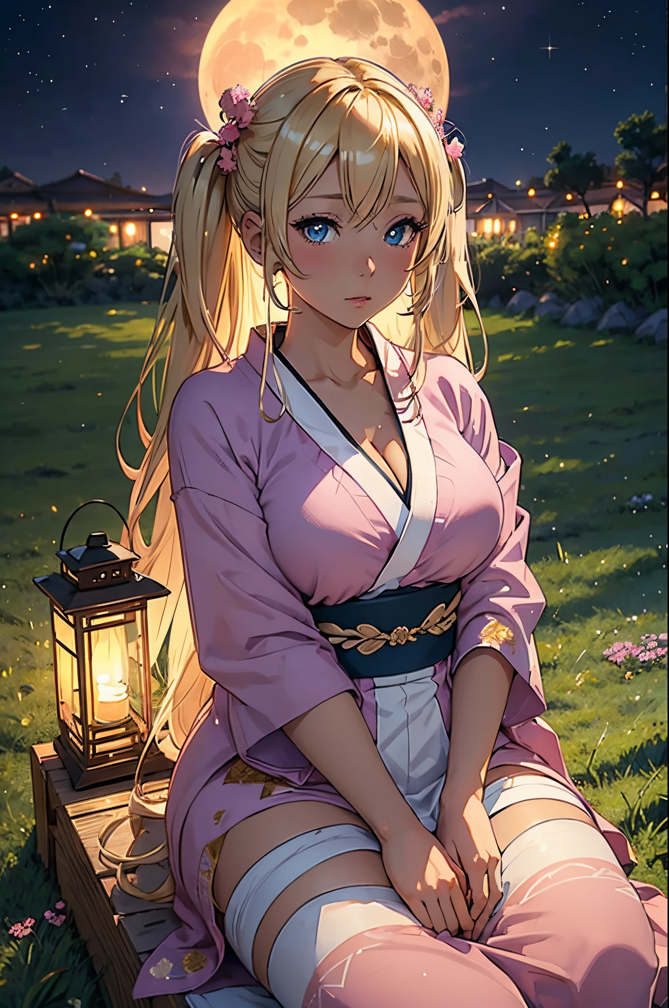 Female gyaru, twintails Blonde hair, Blue eyes, dark brown skin, large breasts, thick hips, wearing a pink kimono, sitting down in a field of grass with her hands raised upwards as a light lantern floats into the air with the night sky and full moon in the background