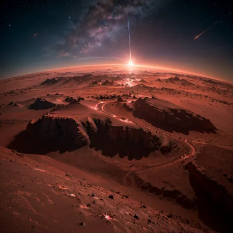 Red mars planet with blue rivers, starry galaxy and atmosphere around, snow gently falling in space, pink cherry blossom trees on mars, planets in background