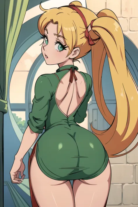 anime styled, Anime Artwork,The ultra -The high-definition,超A high resolution,wink,Clear eyes, Pretty lips, Beautiful girl with well-formed face,long eyelashes, Twin tails tied with a red ribbon,blonde  hair, A begging look, Sheer emerald green short dress...