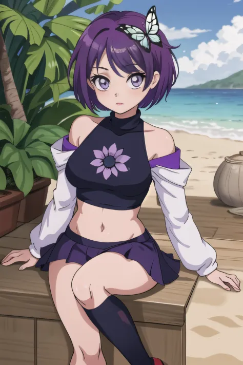 masutepiece, Best Quality, hight resolution, 1girl in, 独奏, kochou shinobu, Decorate your hair with butterflies, violet eyes, Multi-colored hair, Short hair, Parted bangs, open one's legs, Skirt, Turtleneck Top, a navel, Mare, the beach, outside of house, E...