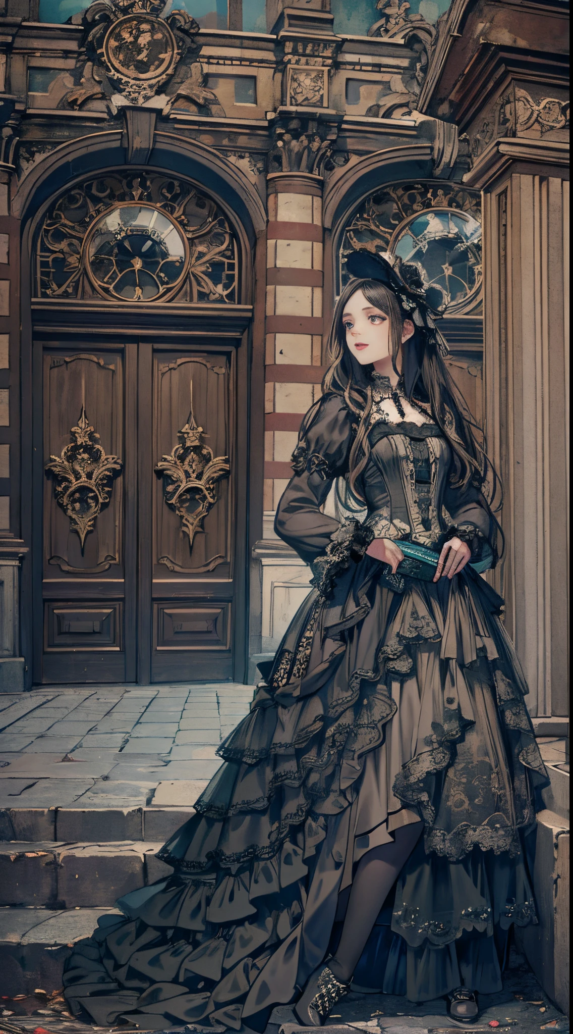 A woman in a dress and boots is standing in front of a building, baroque dress, in detailed steampunk dress, an elegant gothic princess, victorian gothic lolita fashion, Historical Baroque Dress Dark, black gothic lolita dress, fantasy style clothing, rococo dress, black rococo, classical witch, fantasy outfit, wearing a gothic dress, romantic dress, gothic dress