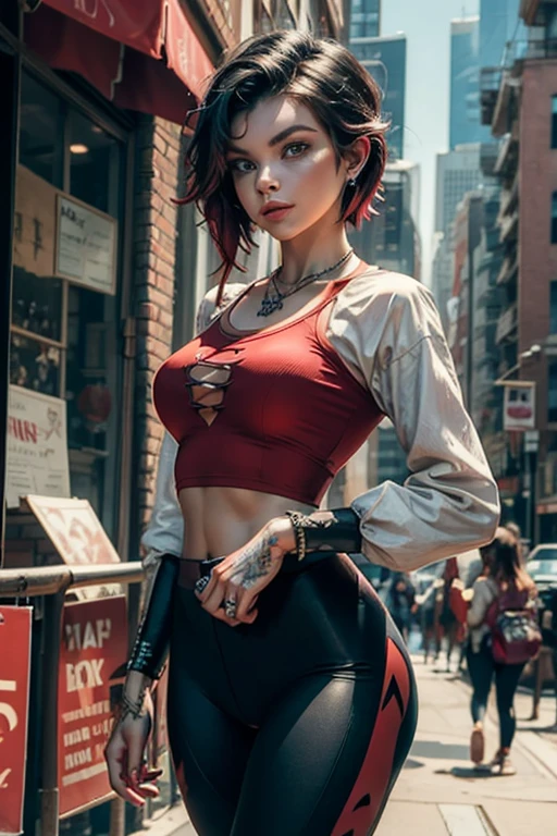 (masterpiece, best quality:1.2), cowboy shot, solo, 1girl, ruby rose, looking at viewer, arms behind back, yoga pants, t-shirt, long sleeves, necklace, bangles, earrings, cityscape, stree